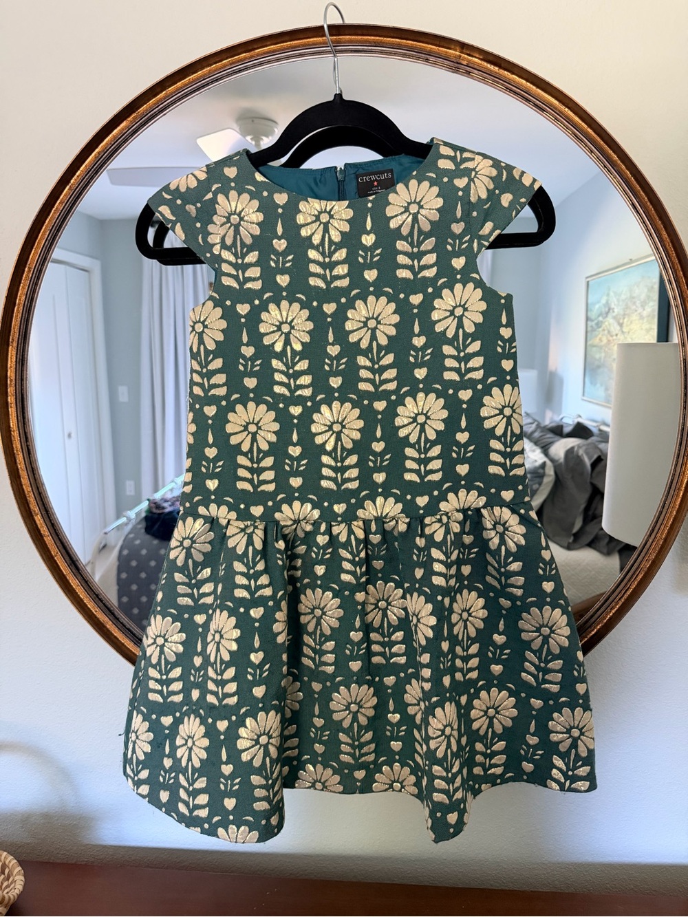 Crewcuts Girls' Green and Gold Floral Print Cap-Sleeve Dress